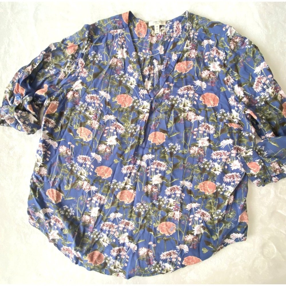 size 1x blouse/top Como Blu roll‎ tab sleeves floral lightweight v-neck - Picture 6 of 11